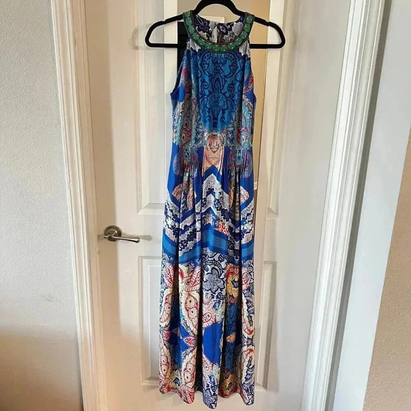 585 Anthropologie Ranna Gill Blue Boeh Maxi Dress Beaded Pleated Size 2 - Picture 4 of 8
